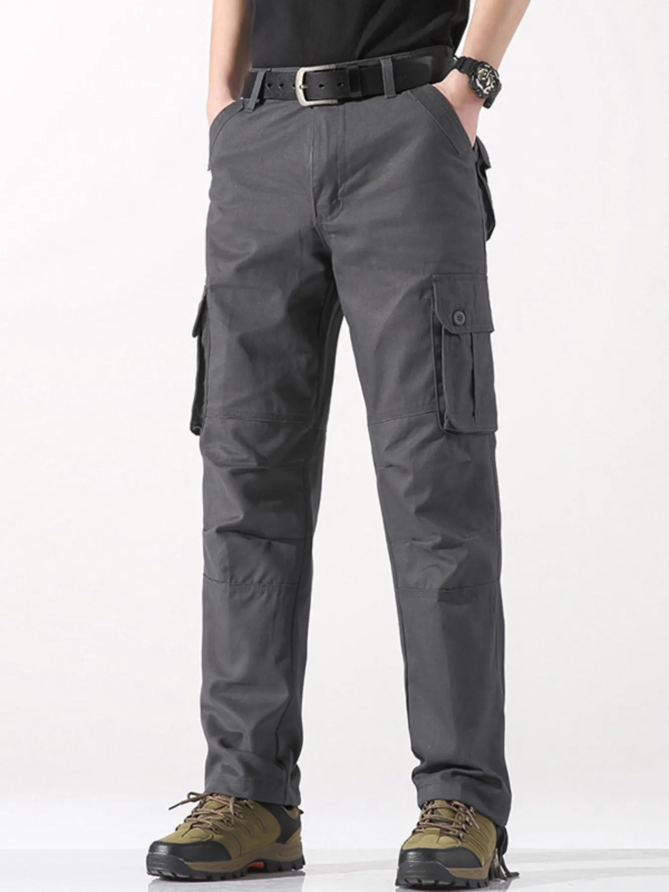 Wide leg cargo pants in dark gray with belt and side cargo pockets