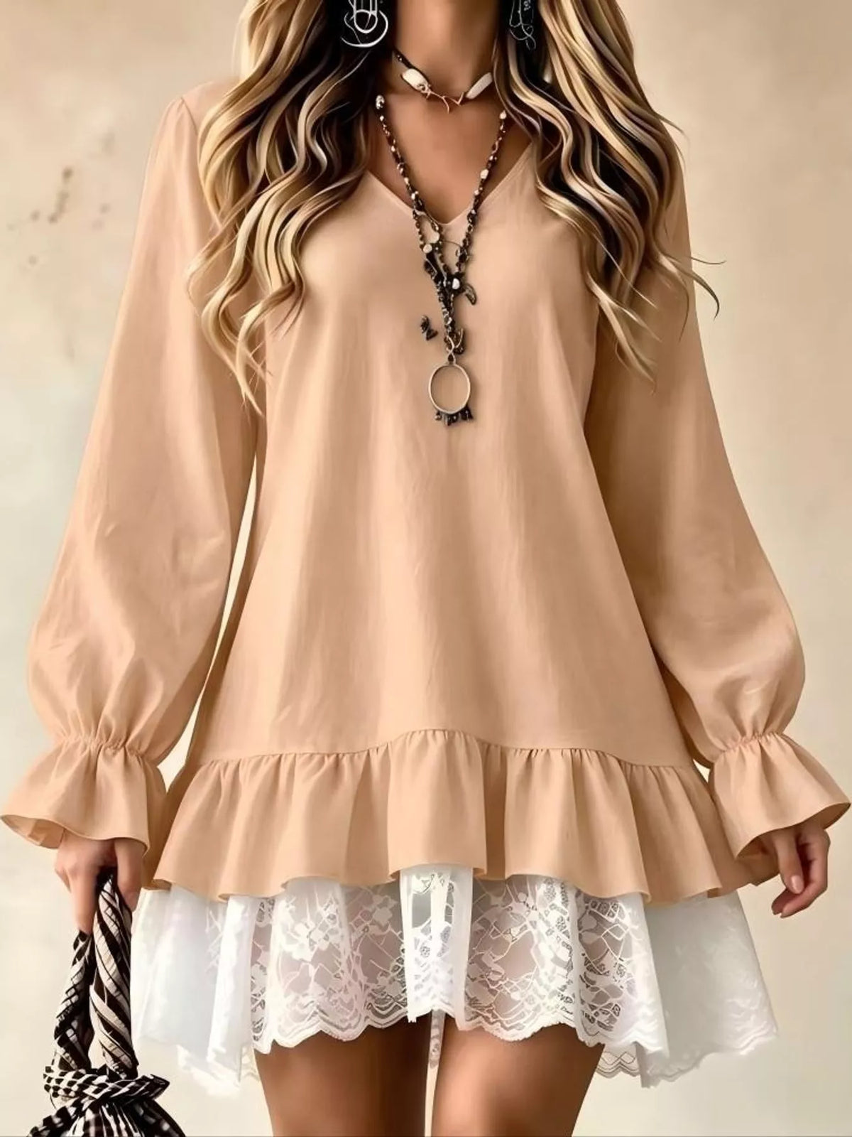 Camel V-neck flounce sleeve mini dress with white lace-trimmed hem and ruffle hemline