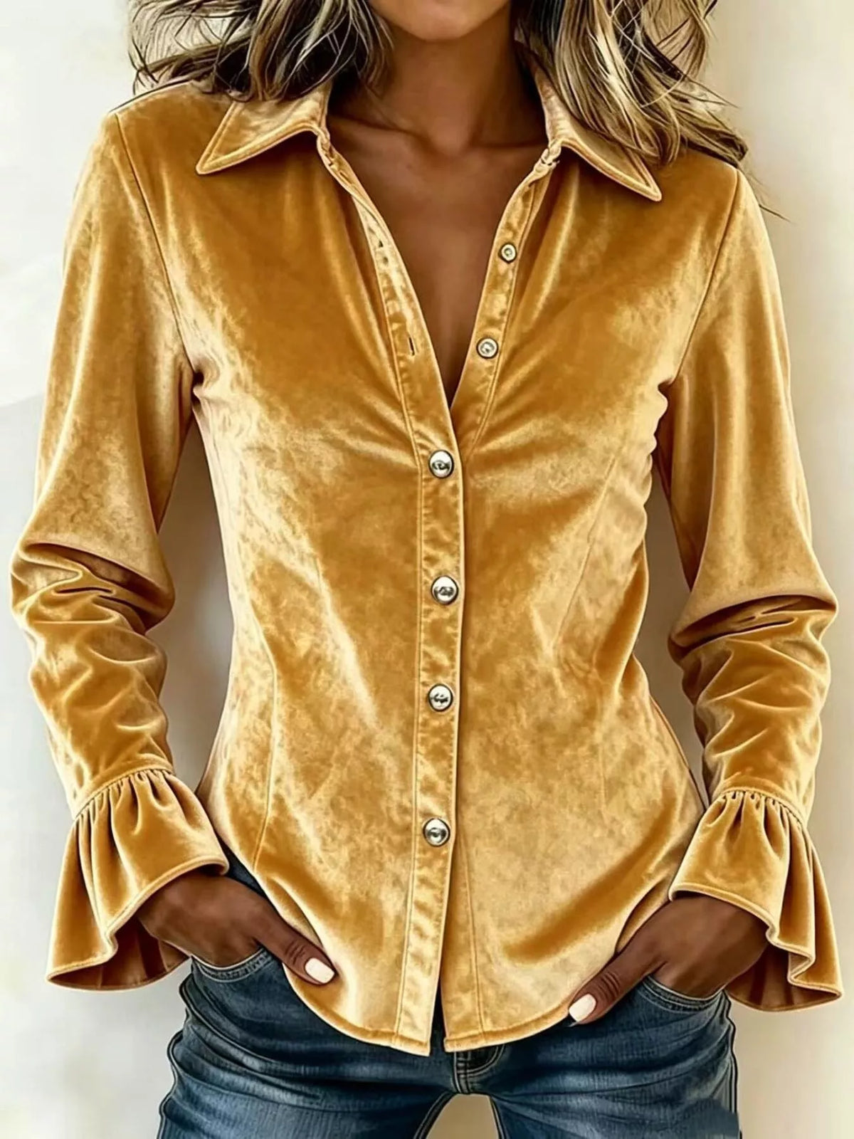 Gold velvet button-down top with ruffle cuffs and front buttons