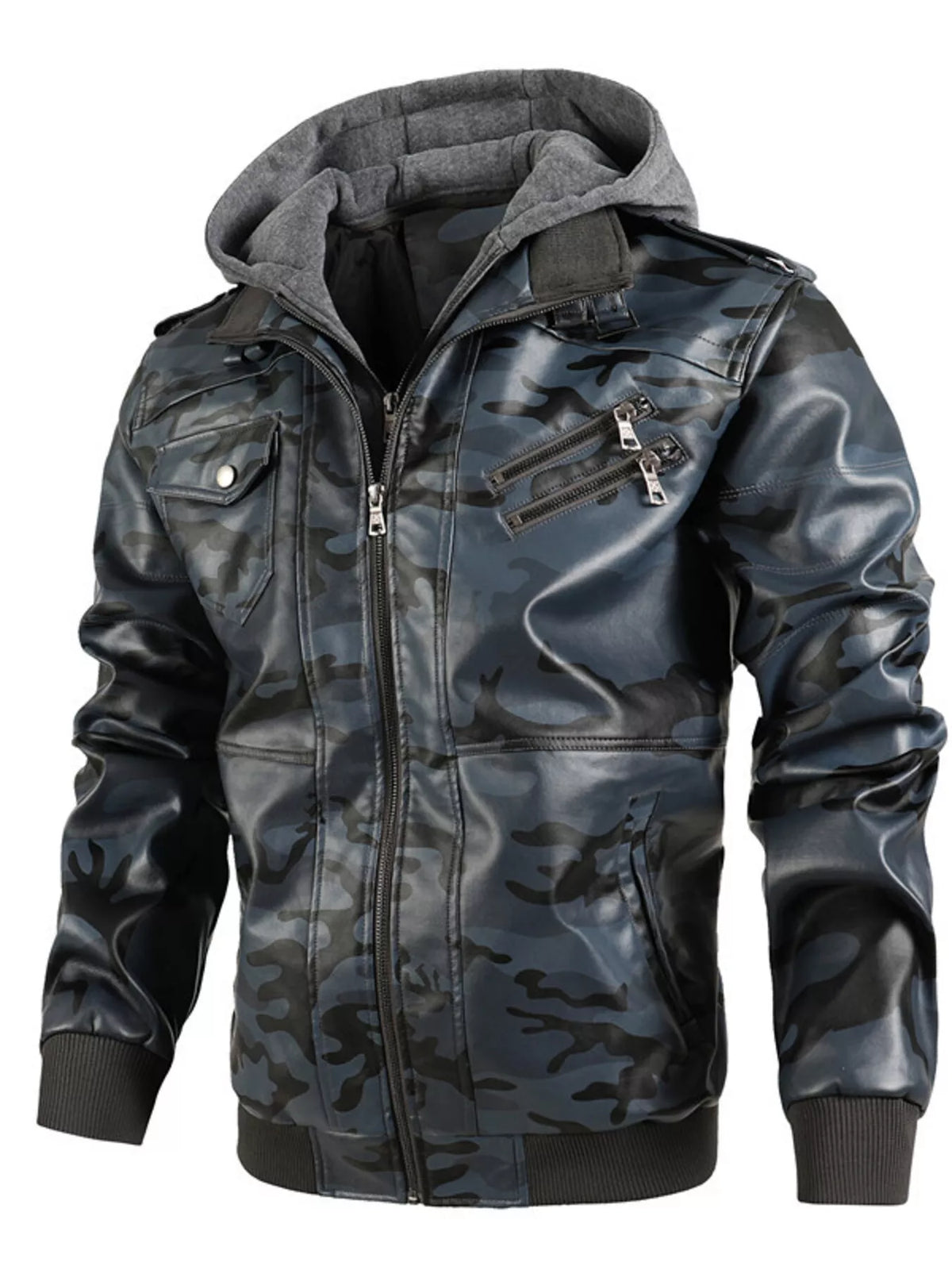 Men's hooded moto jacket in camouflage vegan leather, zip front with chest pockets