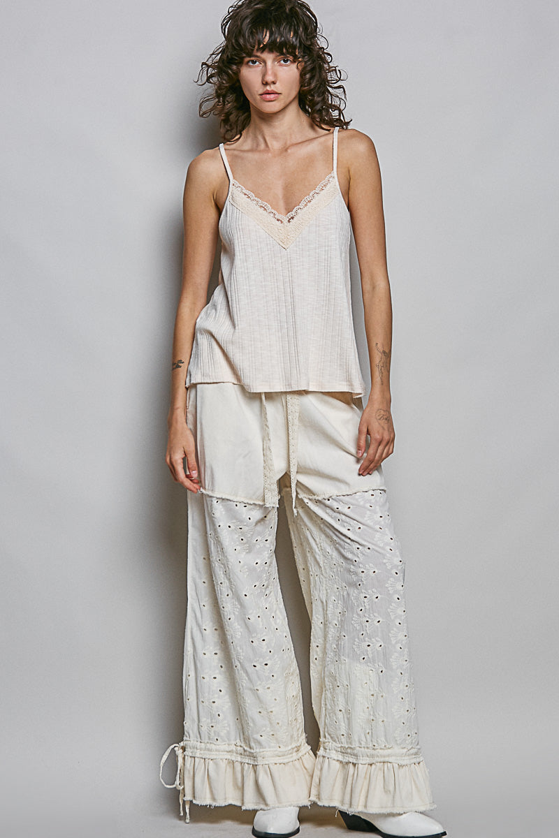 Almond lace-trim textured knit cami with spaghetti straps and V-neck