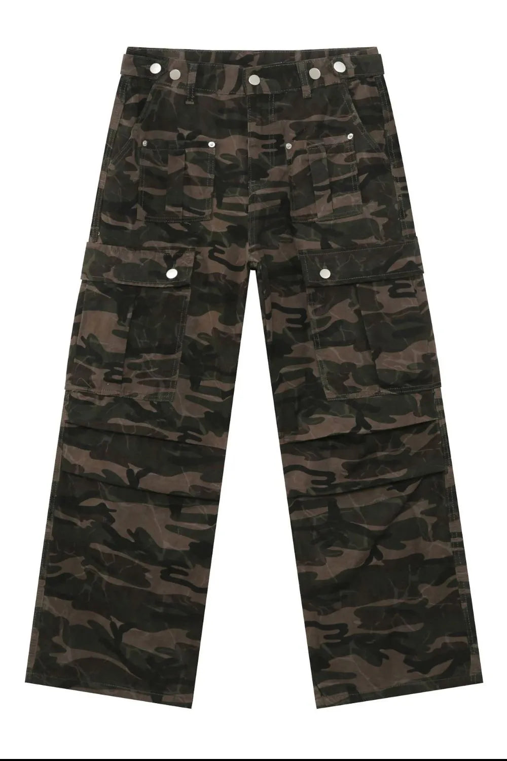 Men's green camouflage cargo jeans laid flat, multiple flap pockets and button closures