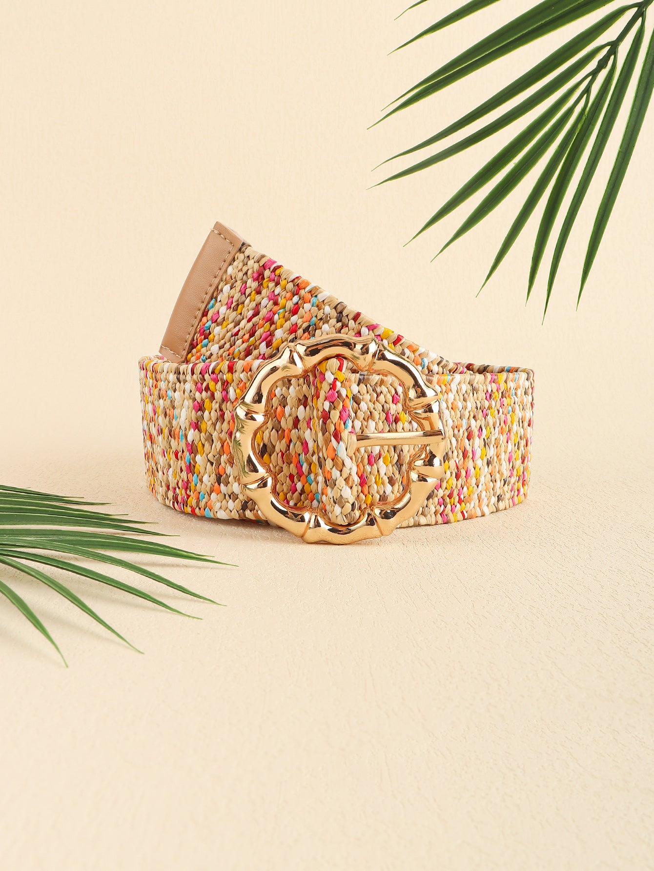 Multicolored wide belt, angled profile with gold buckle and tan leather keeper