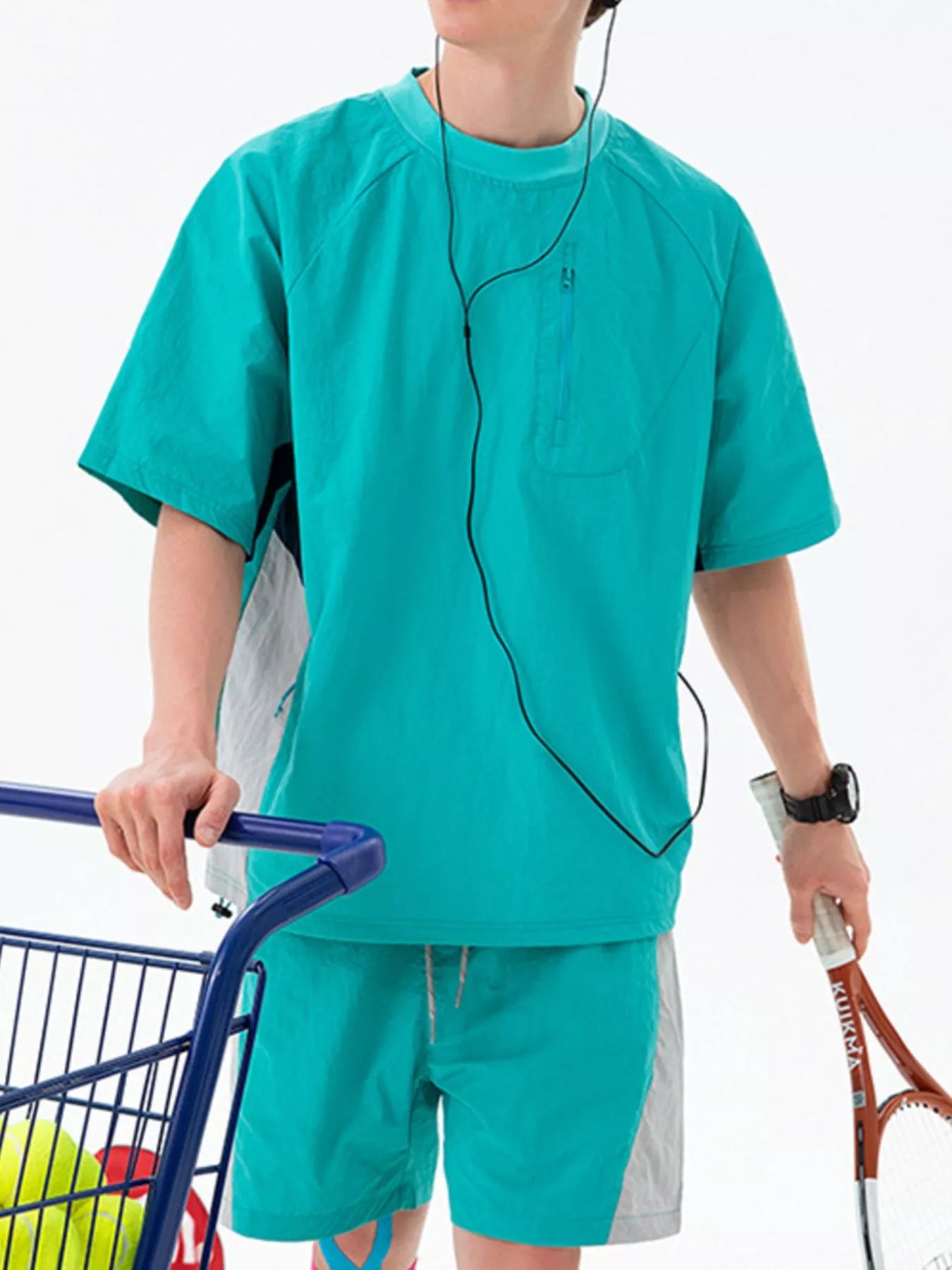 Men's contrast T-shirt in turquoise with crew neck, short sleeves, and button placket