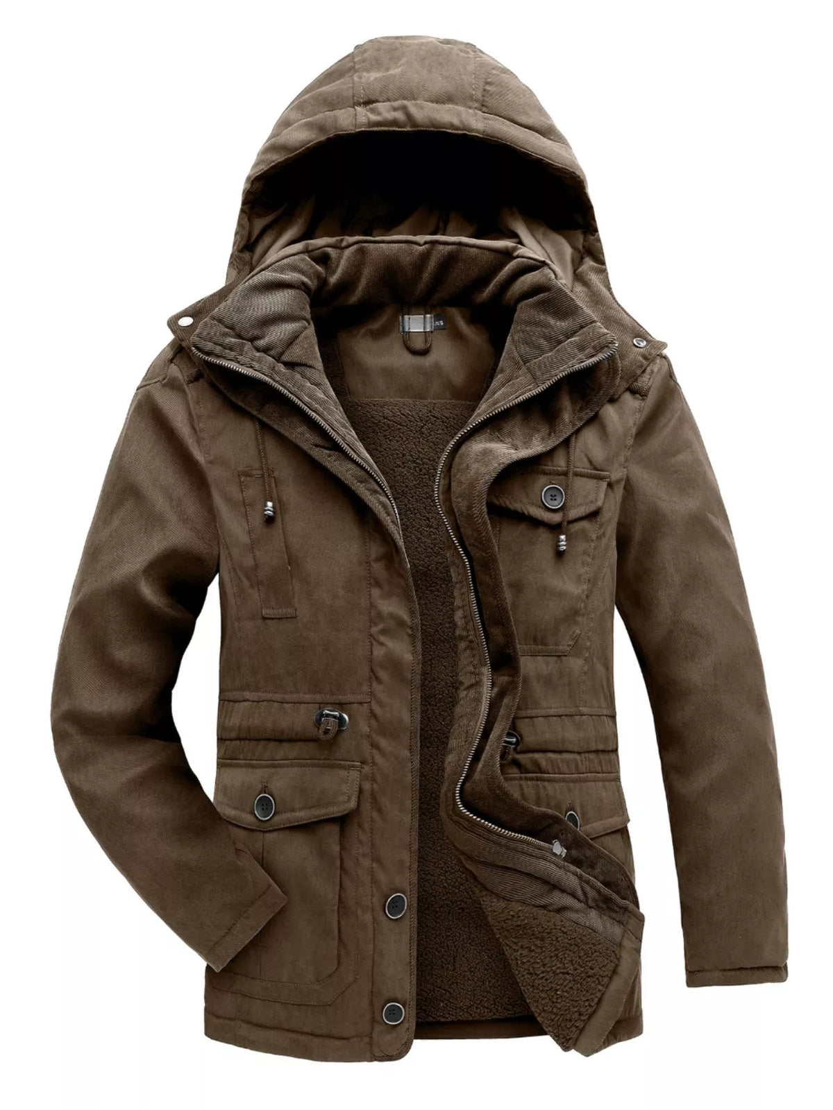 Men's brown hooded zip-up winter jacket with sherpa lining and front pockets