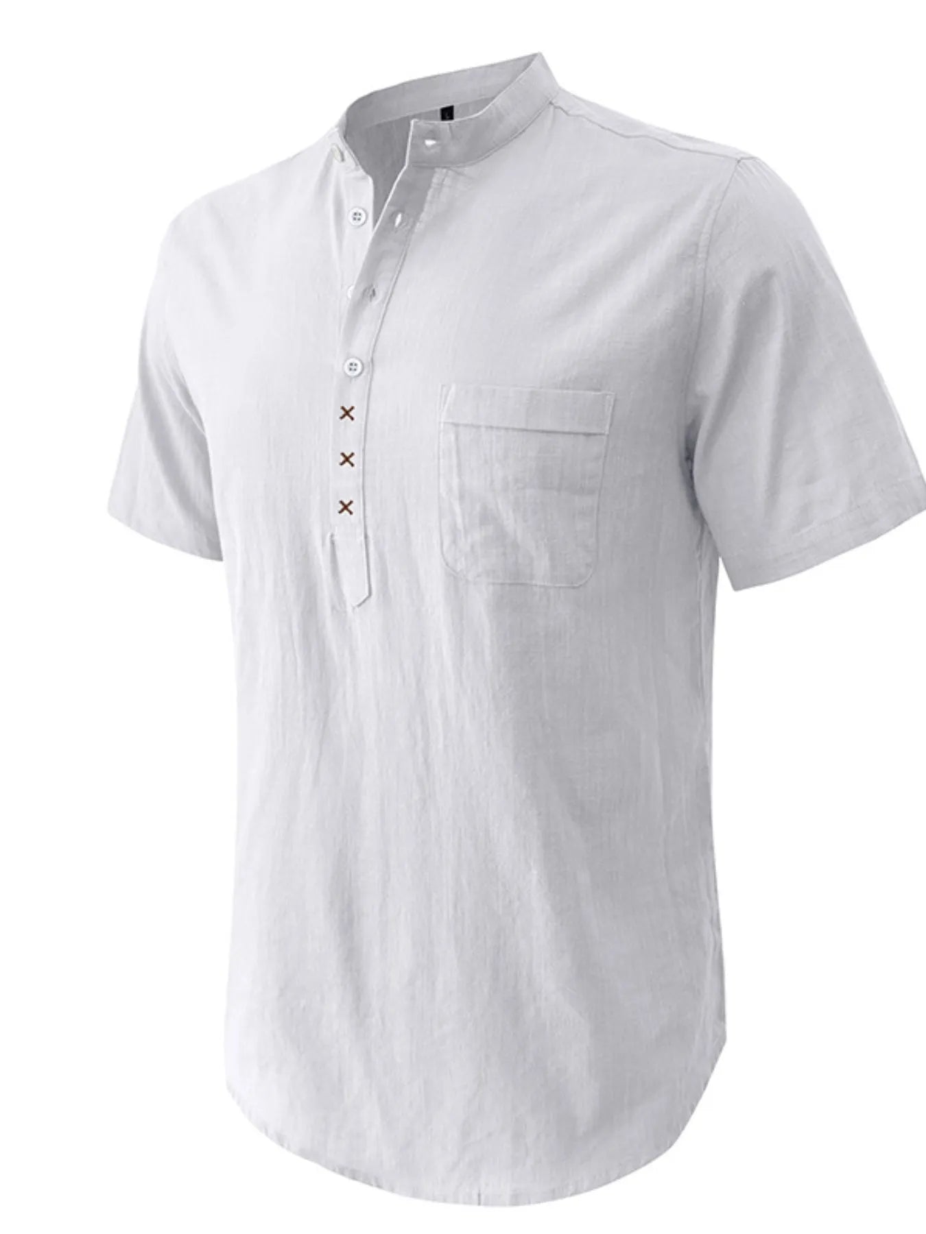 Men's linen polo shirt, white; short sleeves with button-front placket and chest pocket.