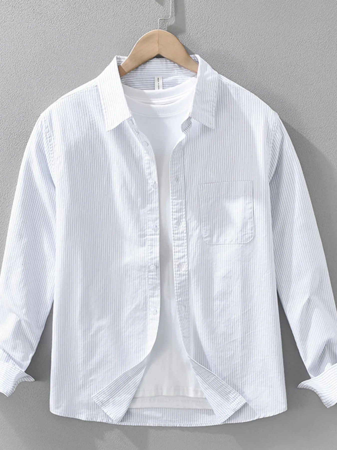 Men's striped button-up long sleeve shirt, white with chest pocket