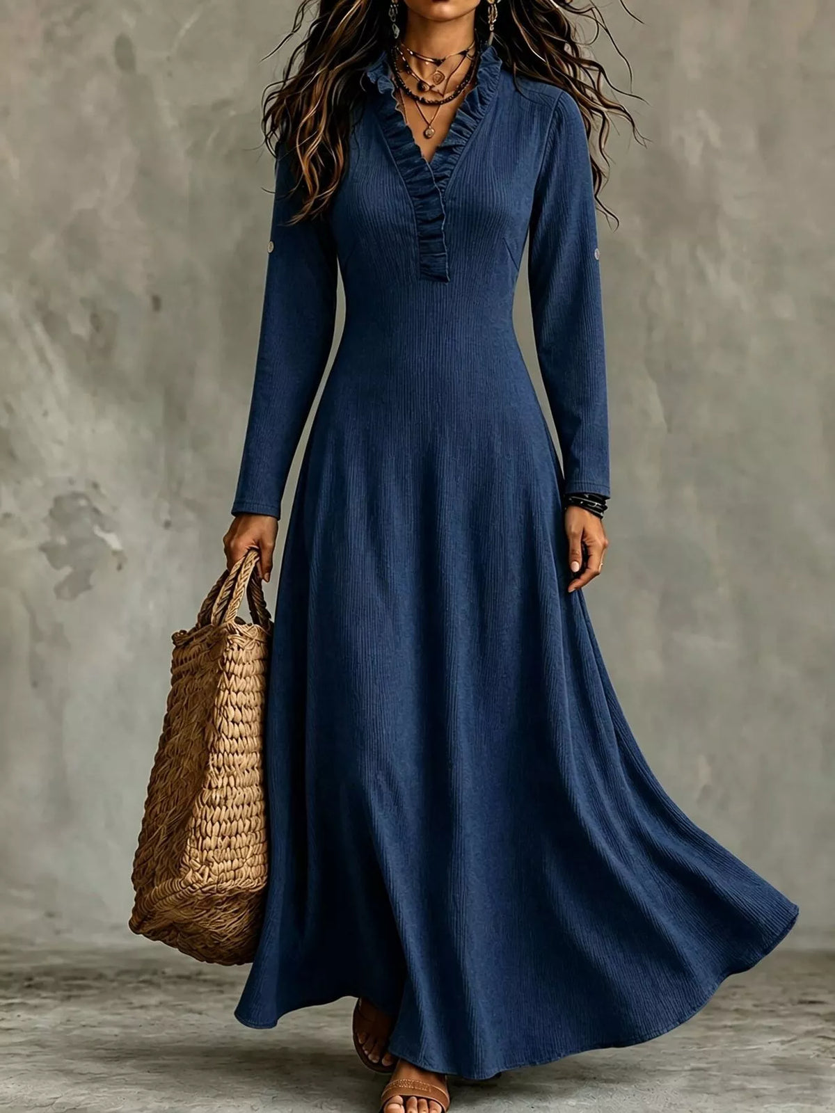 Blue ruffled V-neck maxi dress with roll-up sleeves and gathered waist