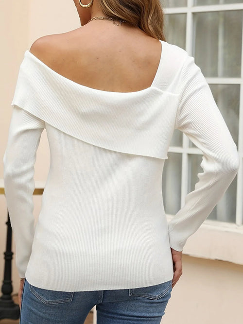 White asymmetrical one-shoulder knit top from back view with long sleeves.