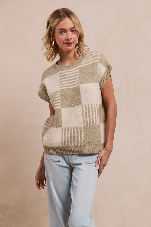 Olive and ivory check stripe knit pullover sweater, crew neckline