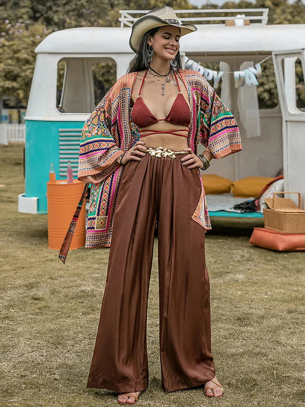 Brown high-waist wide-leg pants with elastic waist and soft drape, wide hems