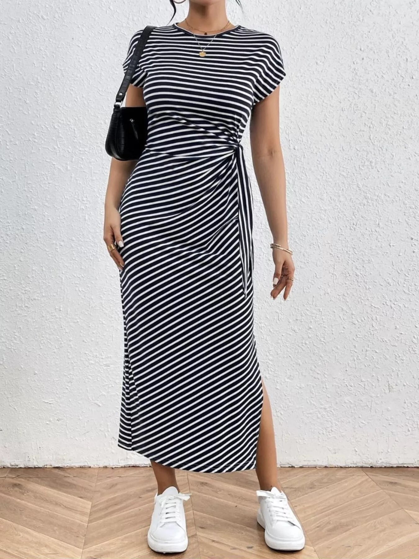 Black striped tie-waist midi dress, short sleeves, crew neck, side draped knot