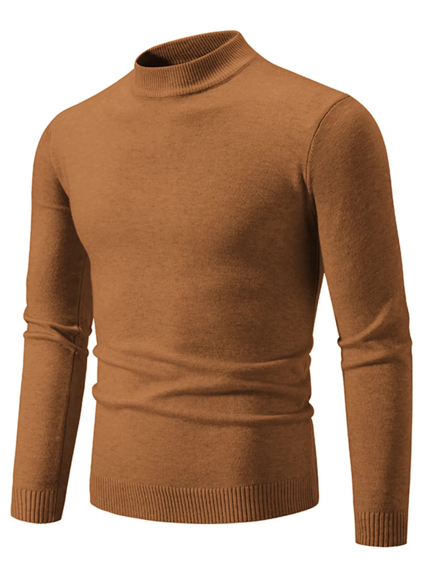 Camel mock neck long-sleeve sweater with ribbed hem and cuffs