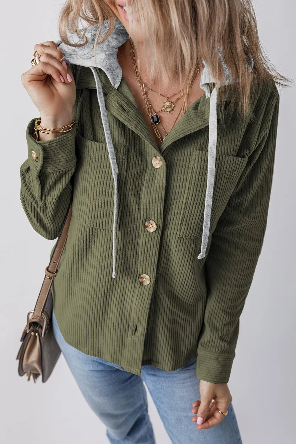 Moss green striped hooded button-up jacket with drawstring and long sleeves