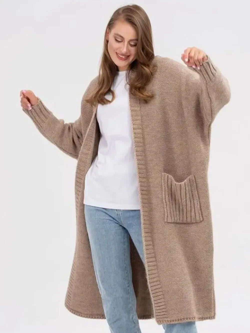 Khaki open-front longline cardigan with patch pockets and ribbed trim