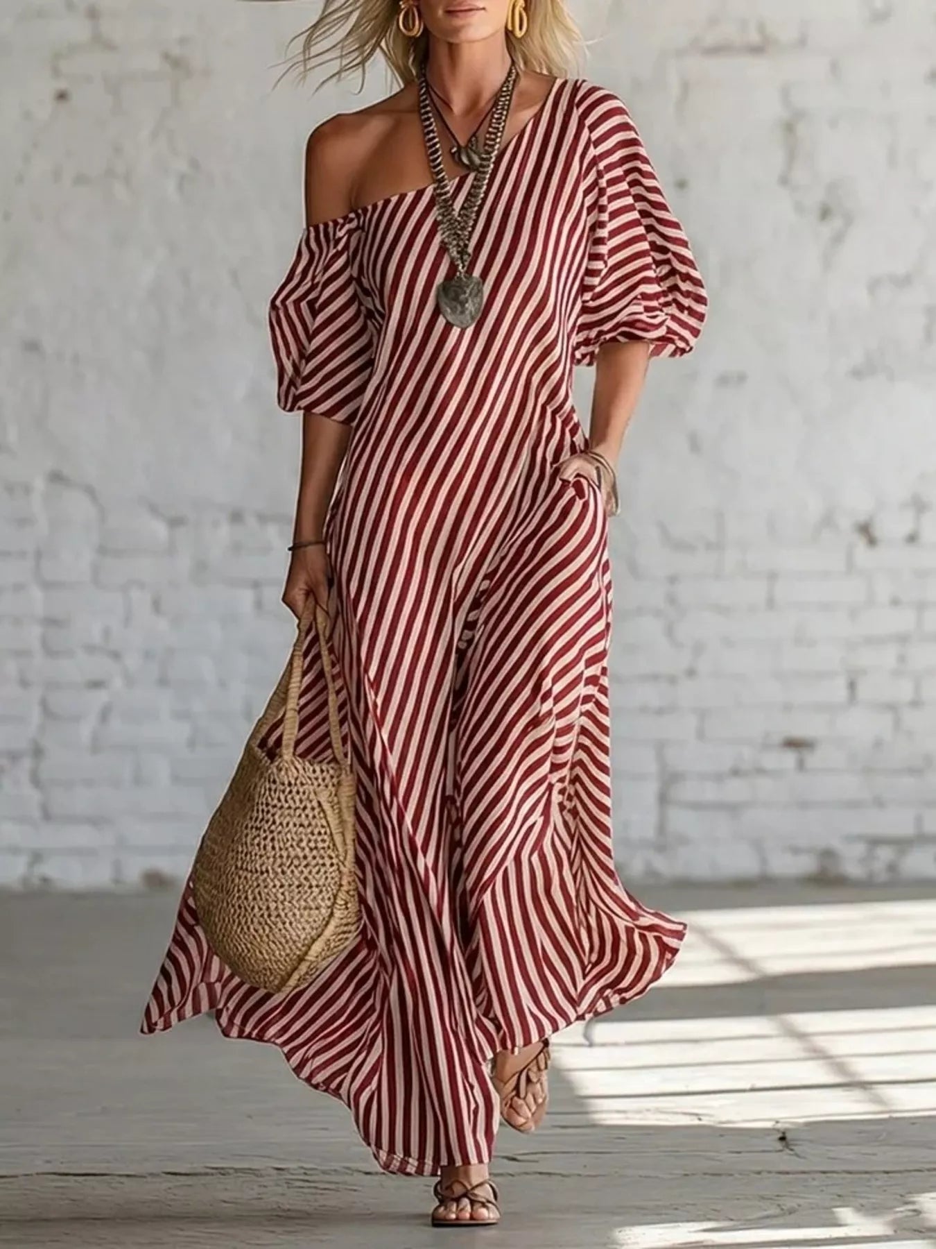 Cedar & Moore Striped one-shoulder maxi dress by Trendsi, burgundy/white, plus size