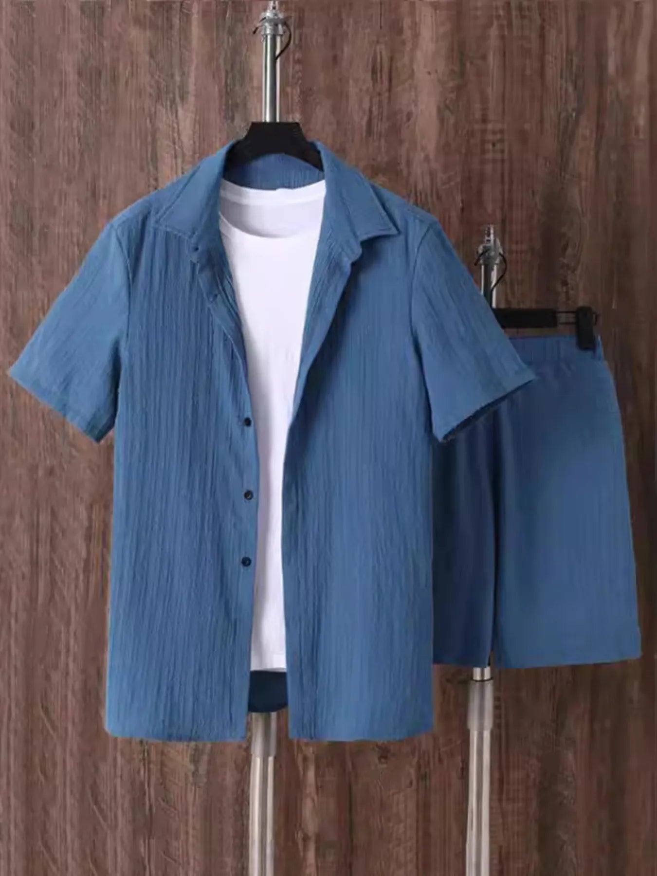 Men's plus size blue short sleeve button-up shirt and matching shorts set