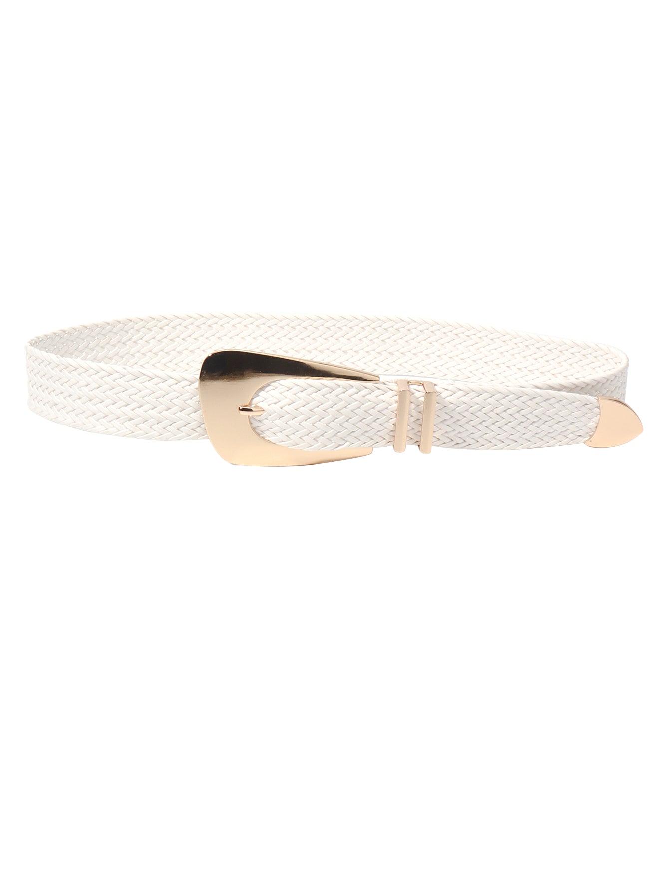 White braided belt with irregular gold-tone buckle and smooth clasp plate