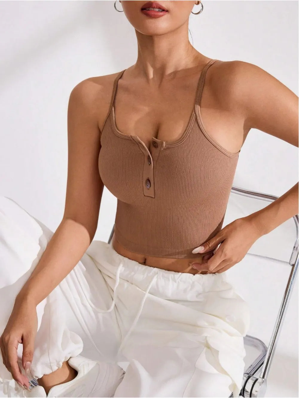 Caramel ribbed cropped active cami with half-button placket and scoop neckline