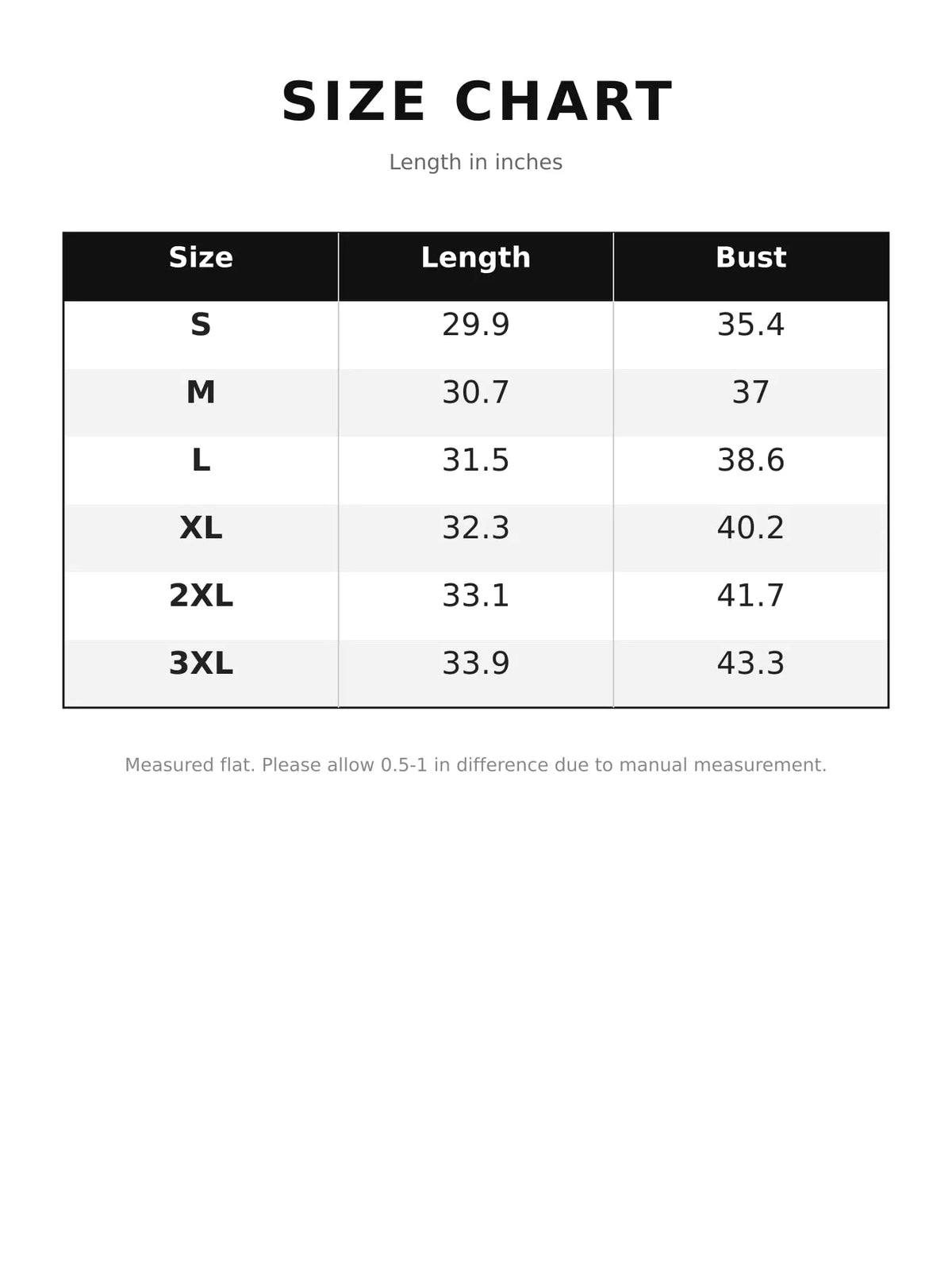 Size chart table with length in inches for romper sizes S to 3XL