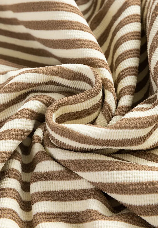 Taupe-and-cream striped knit fabric with folded texture