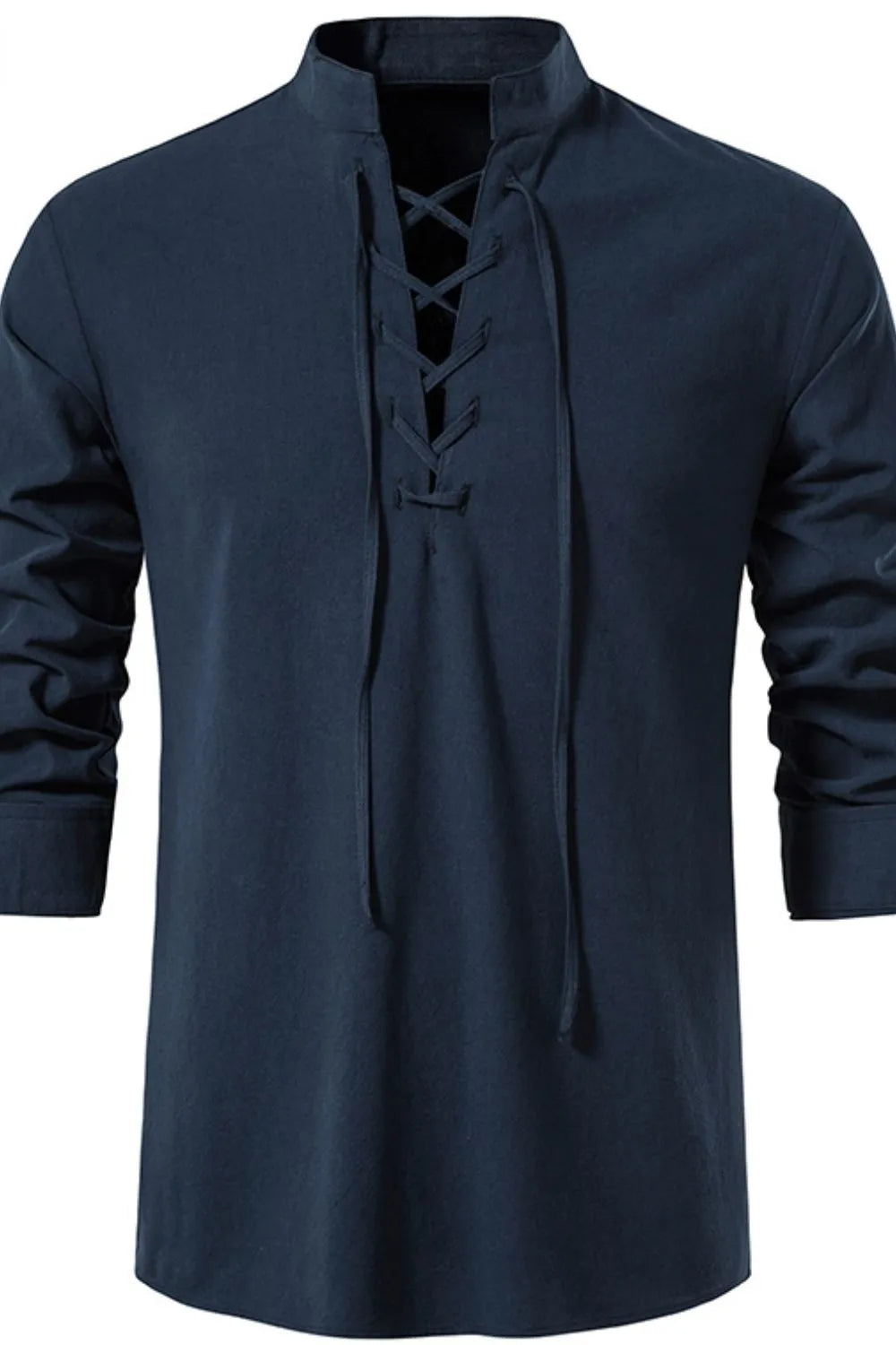 Men's lace-up long sleeve blouse in navy, stand collar with eyelet lace-up front