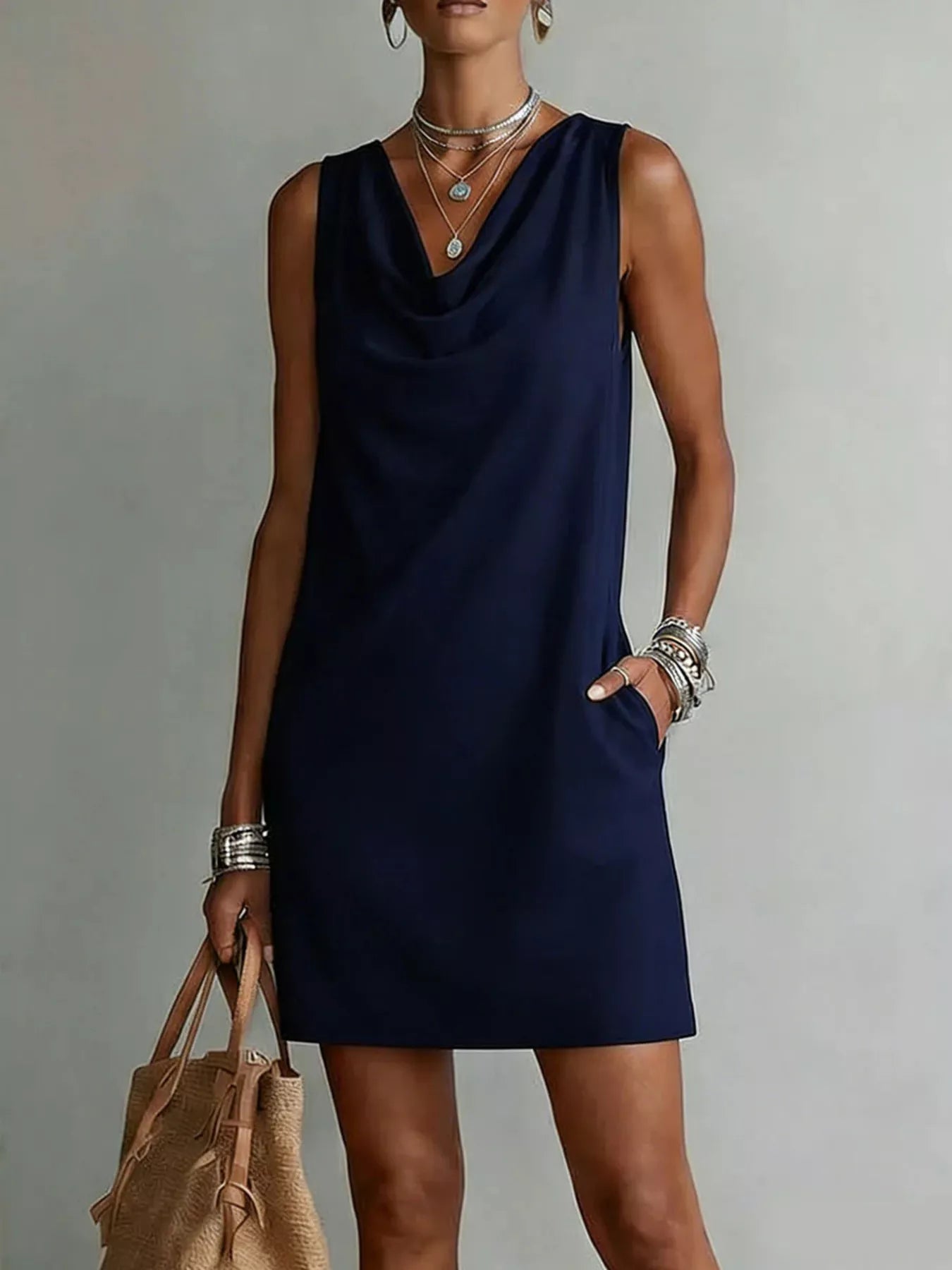 Navy sleeveless cowl-neck mini dress with draped neckline and straight hemline.