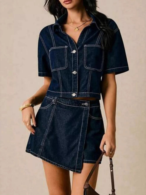 Dark blue denim button-up short-sleeve top and A-line skort with patch pockets