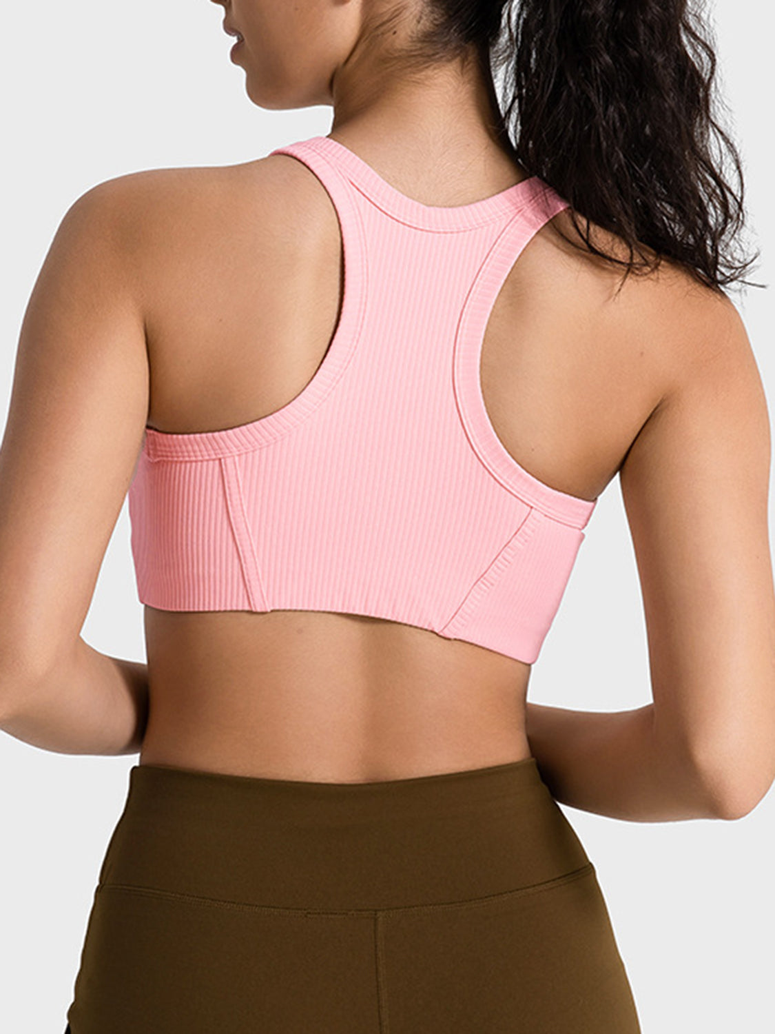 Pink ribbed cropped sport tank, back view, wide straps and center seam