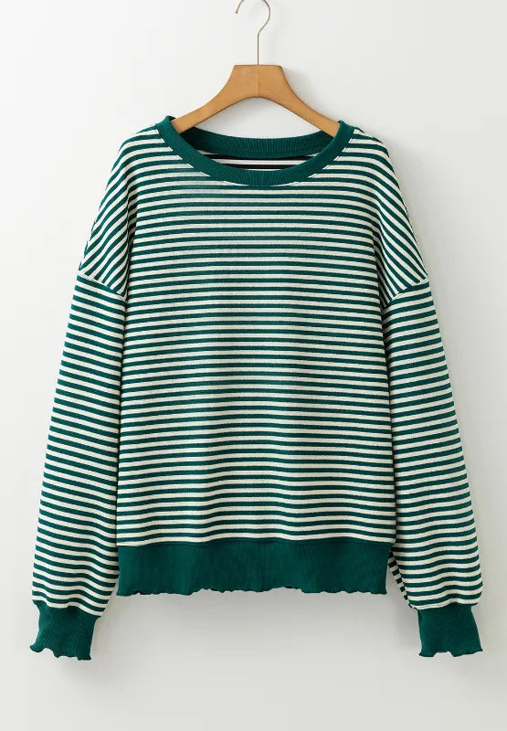 Green-and-white striped long-sleeve sweatshirt with round neck and ribbed cuffs