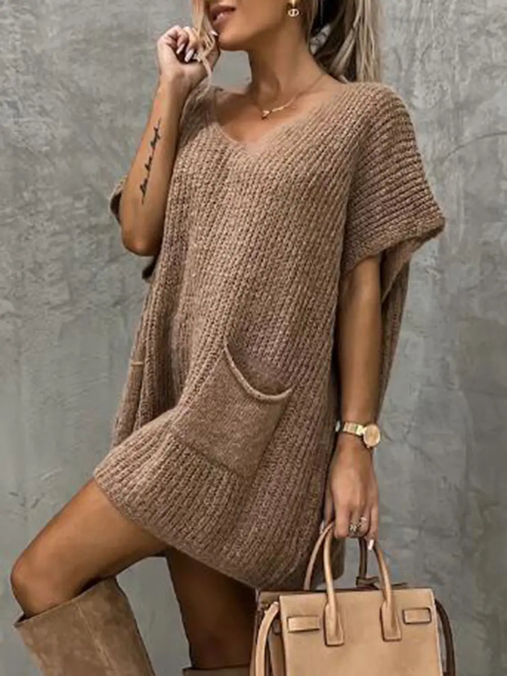 Taupe V-neck short-sleeve knit sweater with large front pocket, tunic length.