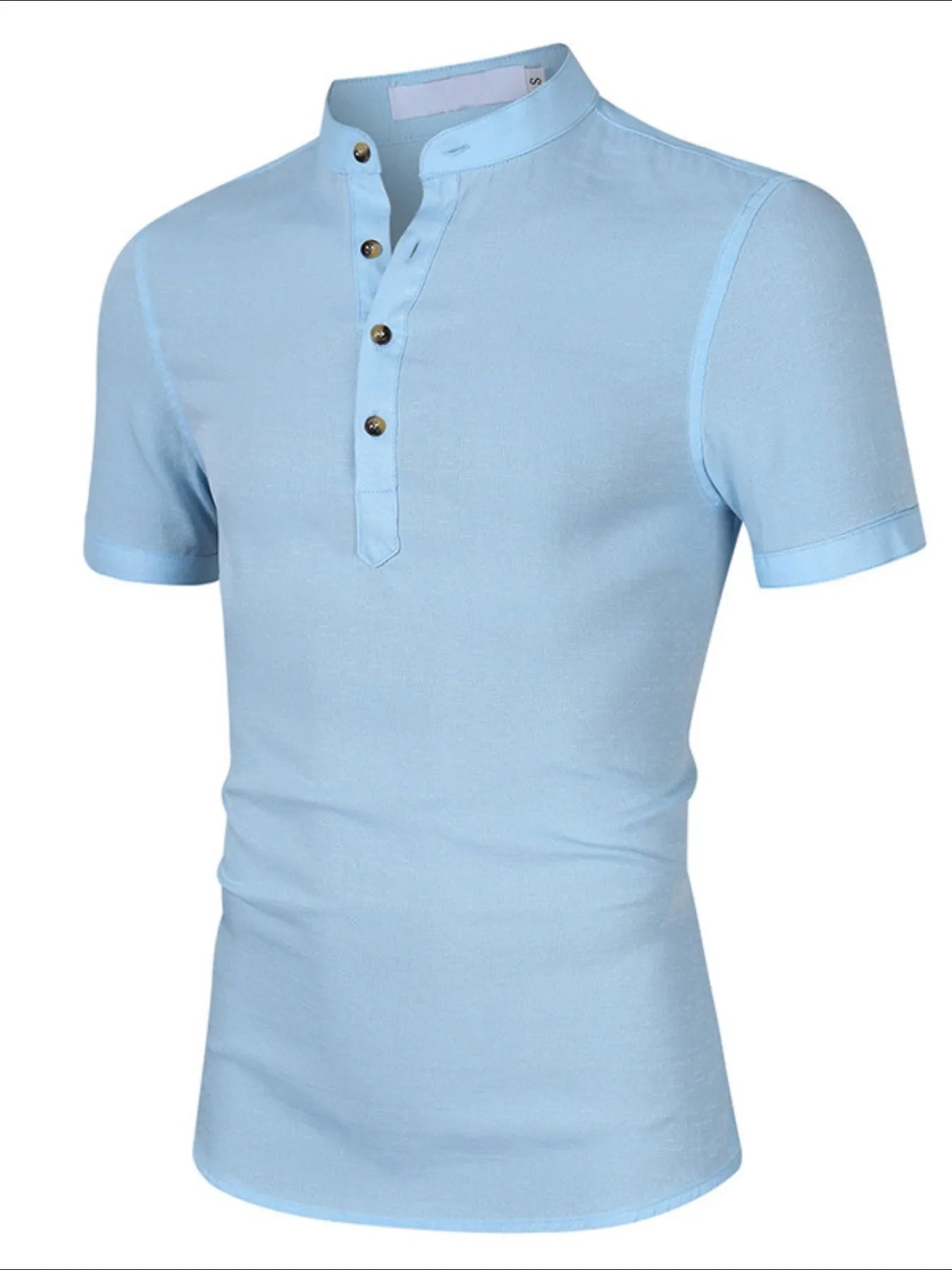 Men's light blue polo shirt with ribbed collar and button placket, short sleeves