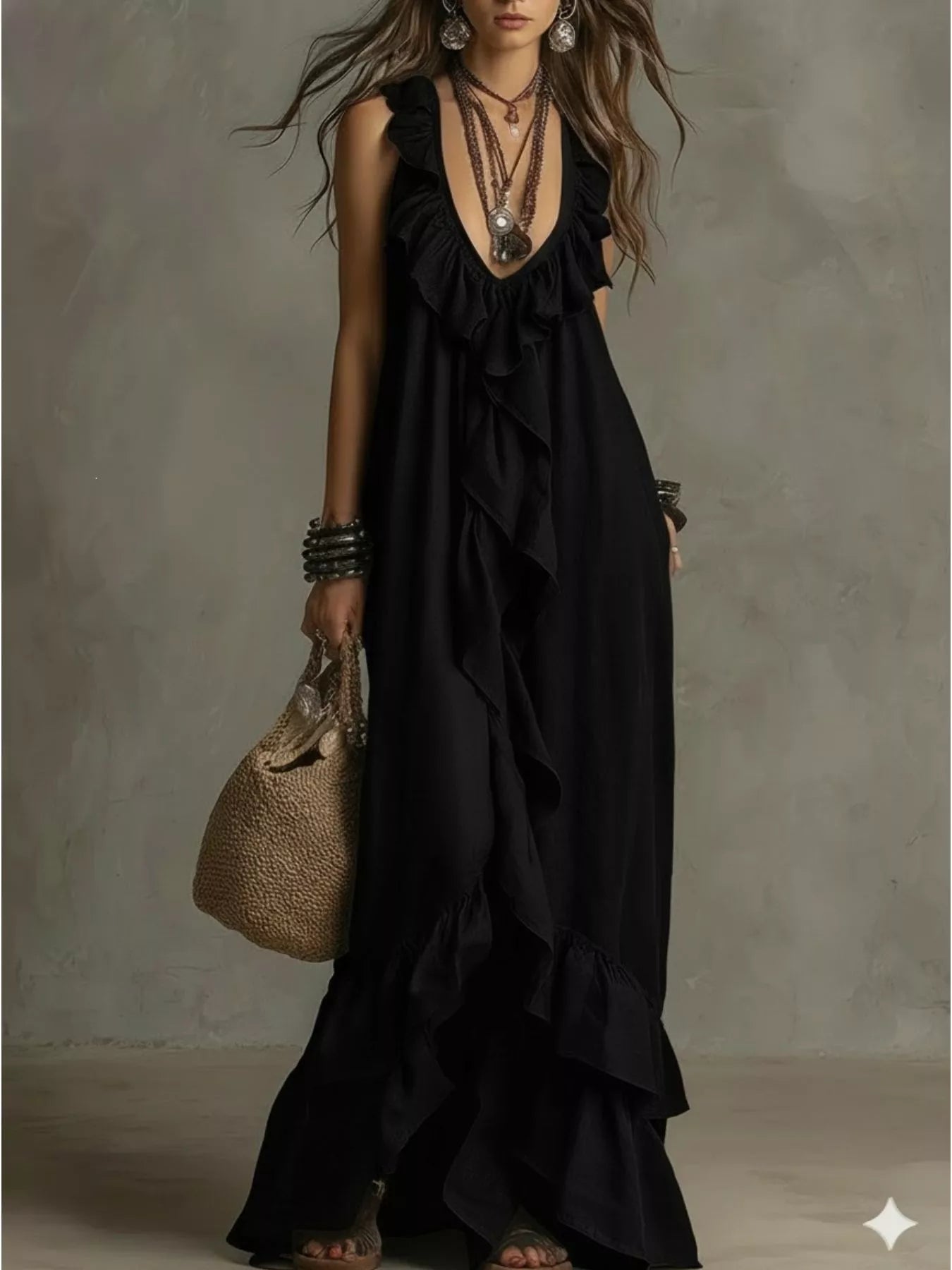 Sleeveless black maxi dress with layered ruffle tiers along the skirt