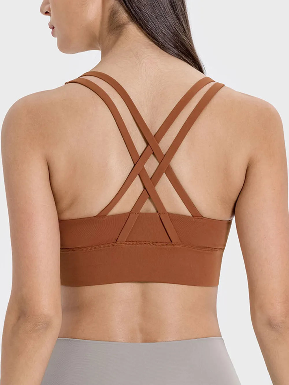 Caramel brown active tank sports bra with crisscross X-back straps