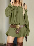 Green off-shoulder mini dress with ruffled sleeves, tie-front detail, tiered skirt