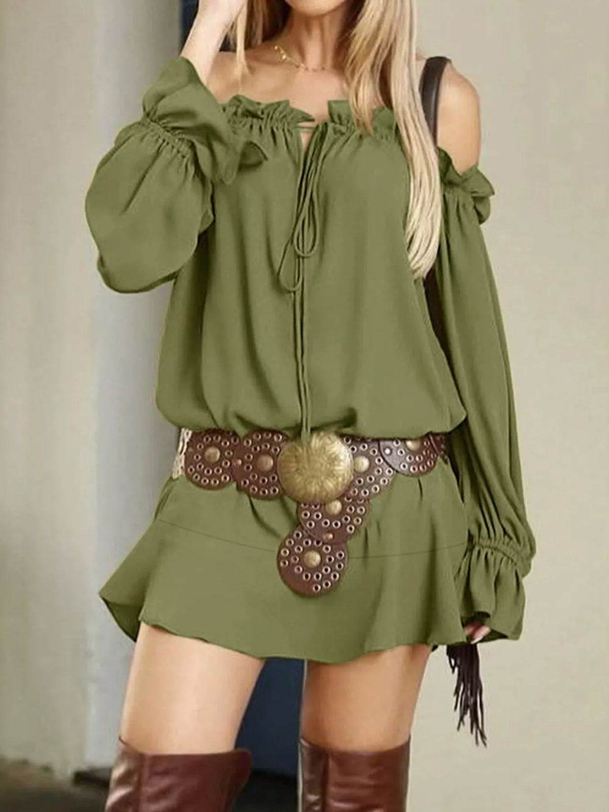 Green off-shoulder mini dress with ruffled sleeves, tie-front detail, tiered skirt