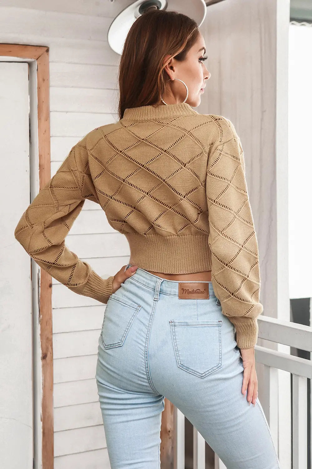 Camel openwork plaid knit cropped sweater, diamond pattern back and side view