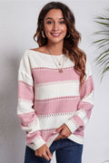 Blush pink and white striped boat neck dropped shoulder sweater, long sleeves