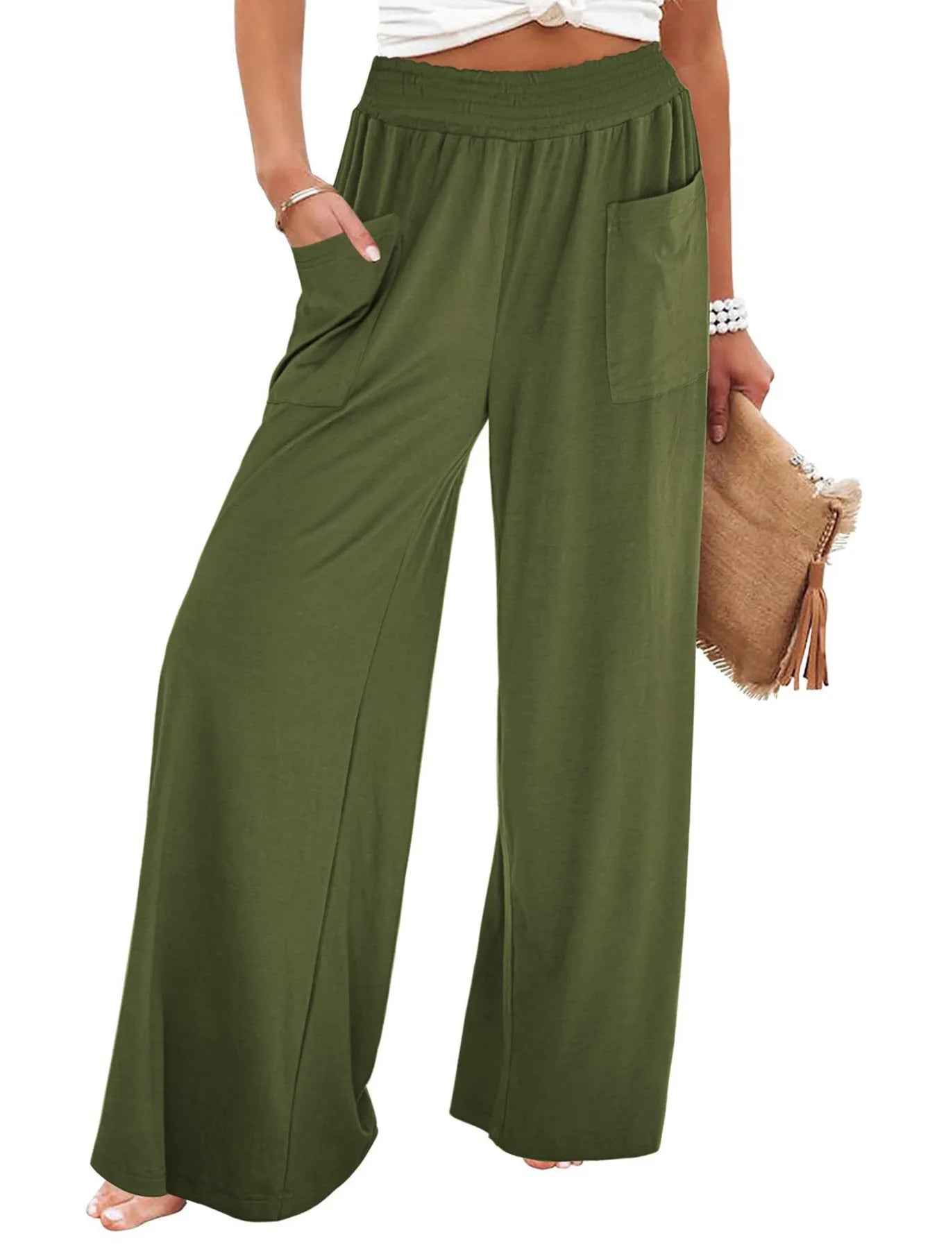High-waisted wide-leg pants, olive green, elastic waistband, side pockets detail