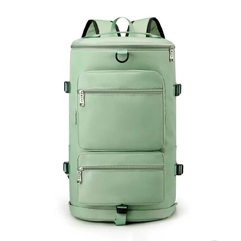 Mint green large travel backpack with two front zip compartments and side buckle straps.