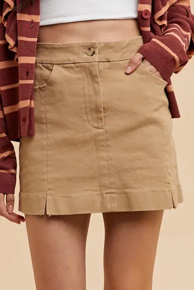 Khaki cotton mini skirt with button front and side slit detail