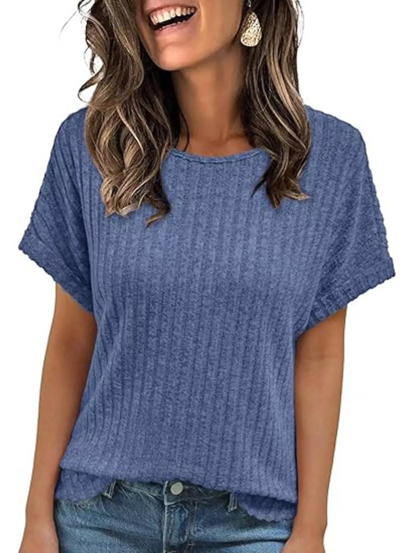 Blue ribbed knit short-sleeve T-shirt with crew neck and textured knit