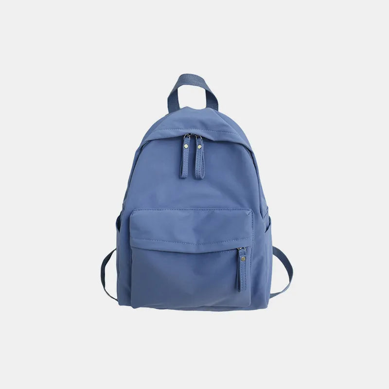 Zip cotton backpack with top handle, blue drawstring and front zip pocket