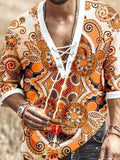 Men's printed lace-up blouse with V-neck, orange ornate pattern, long sleeves