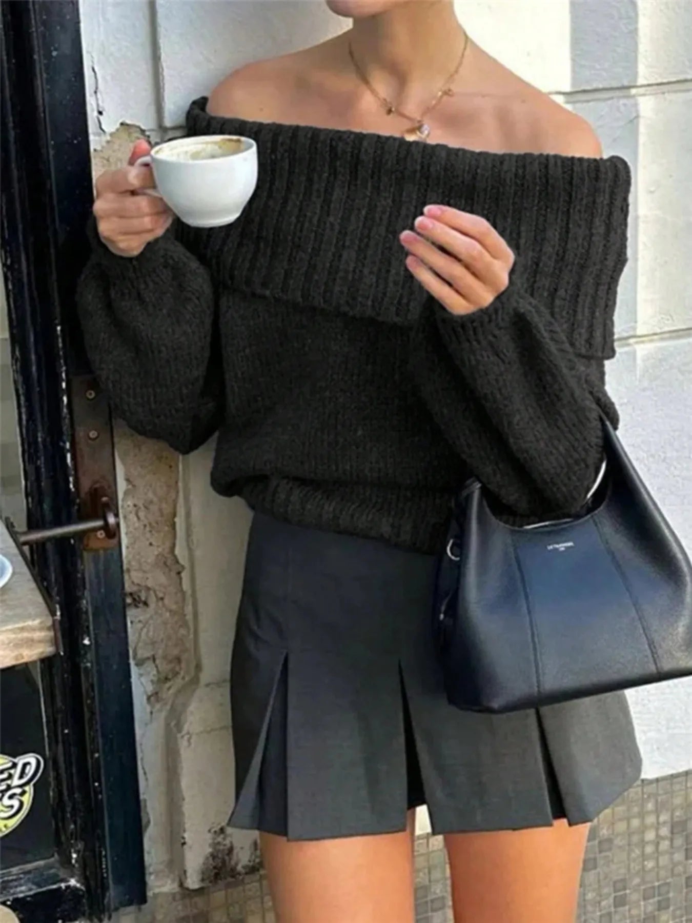 Off-shoulder ribbed long sleeve sweater in black with wide rib knit neckline