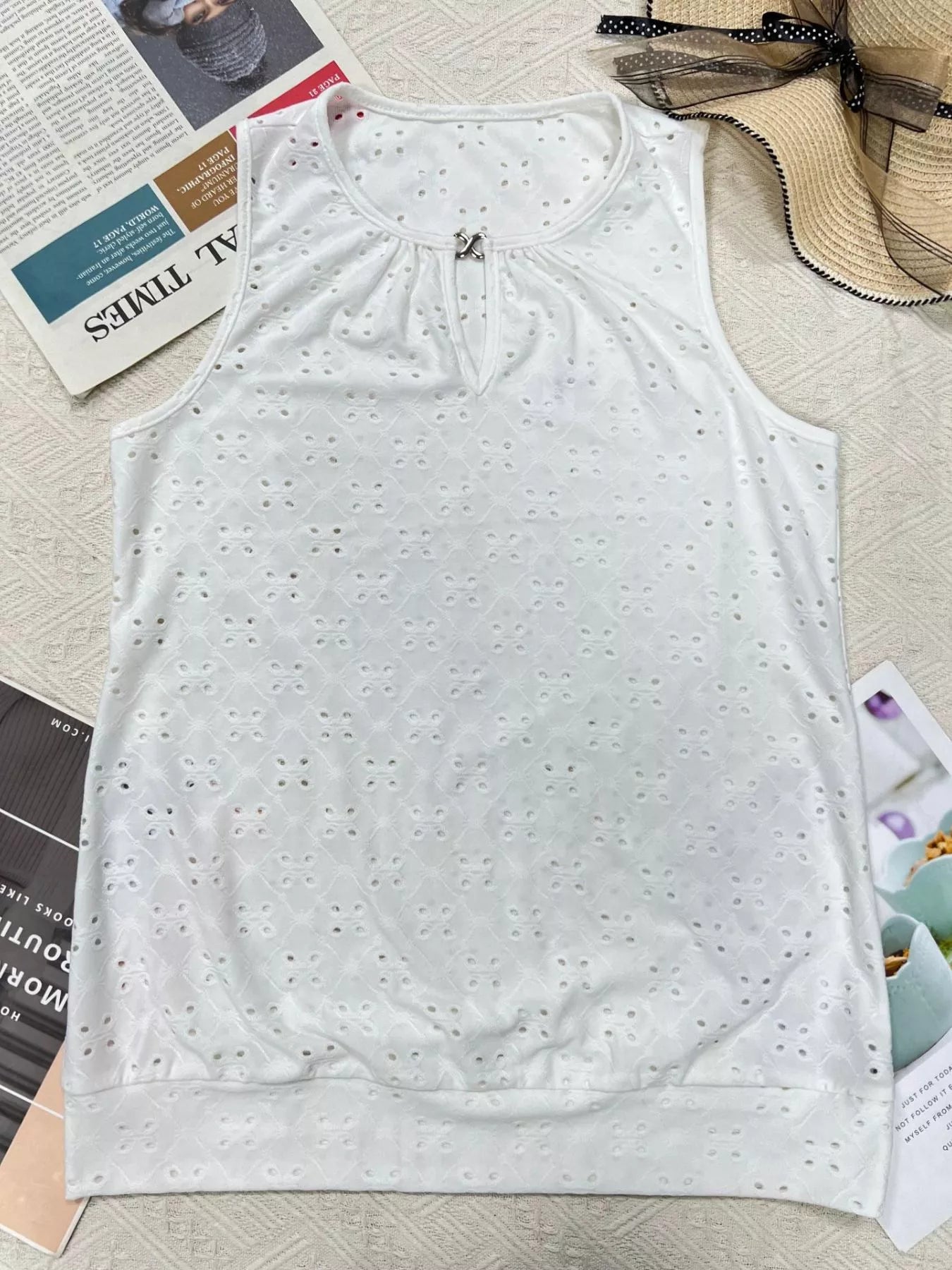 Cedar & Moore Eyelet Round Neck Cami, white sleeveless top with floral eyelet pattern by Trendsi