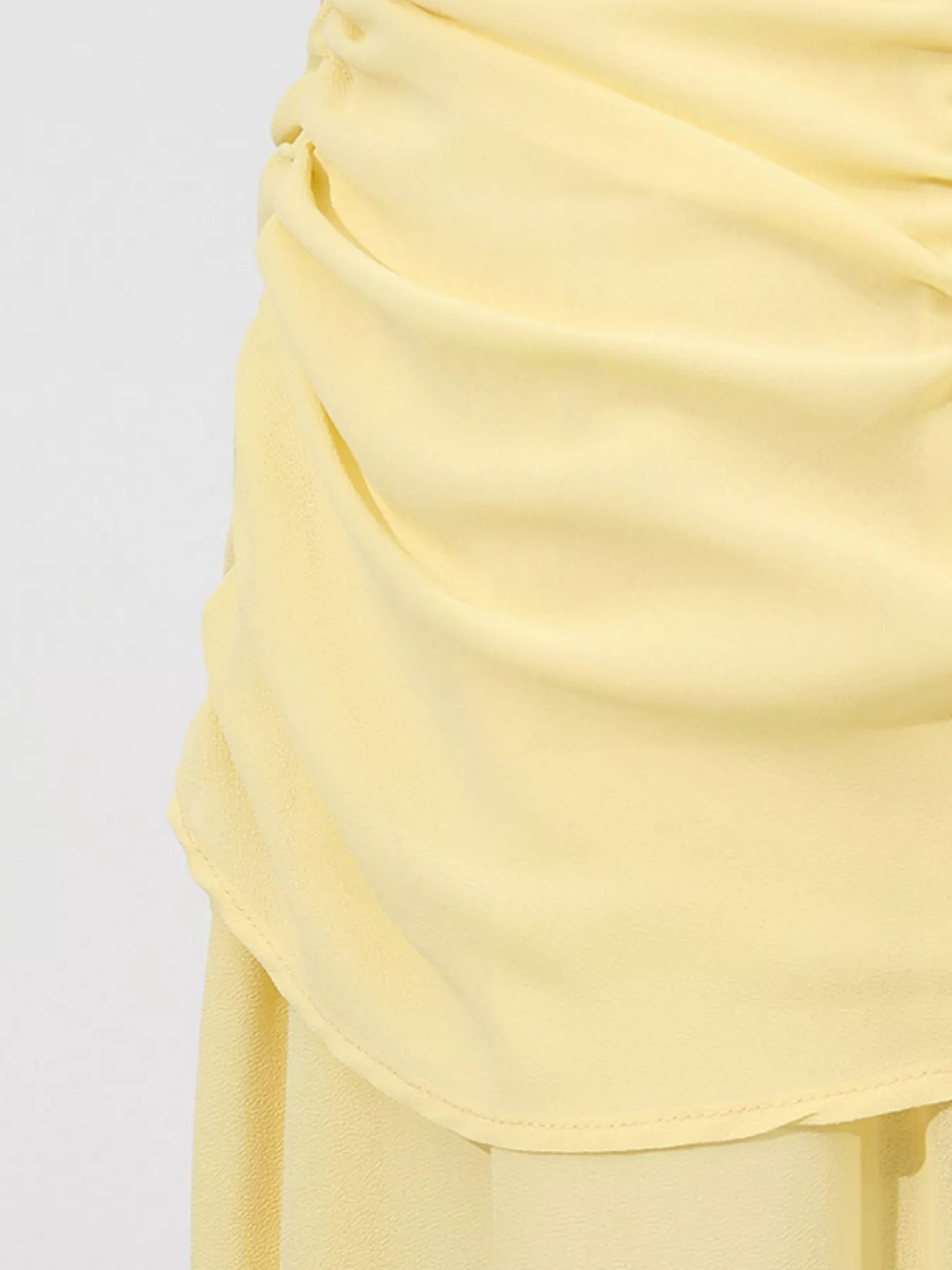 Cedar & Moore Sleeveless Ruched High-Slit Maxi Dress in pale yellow satin