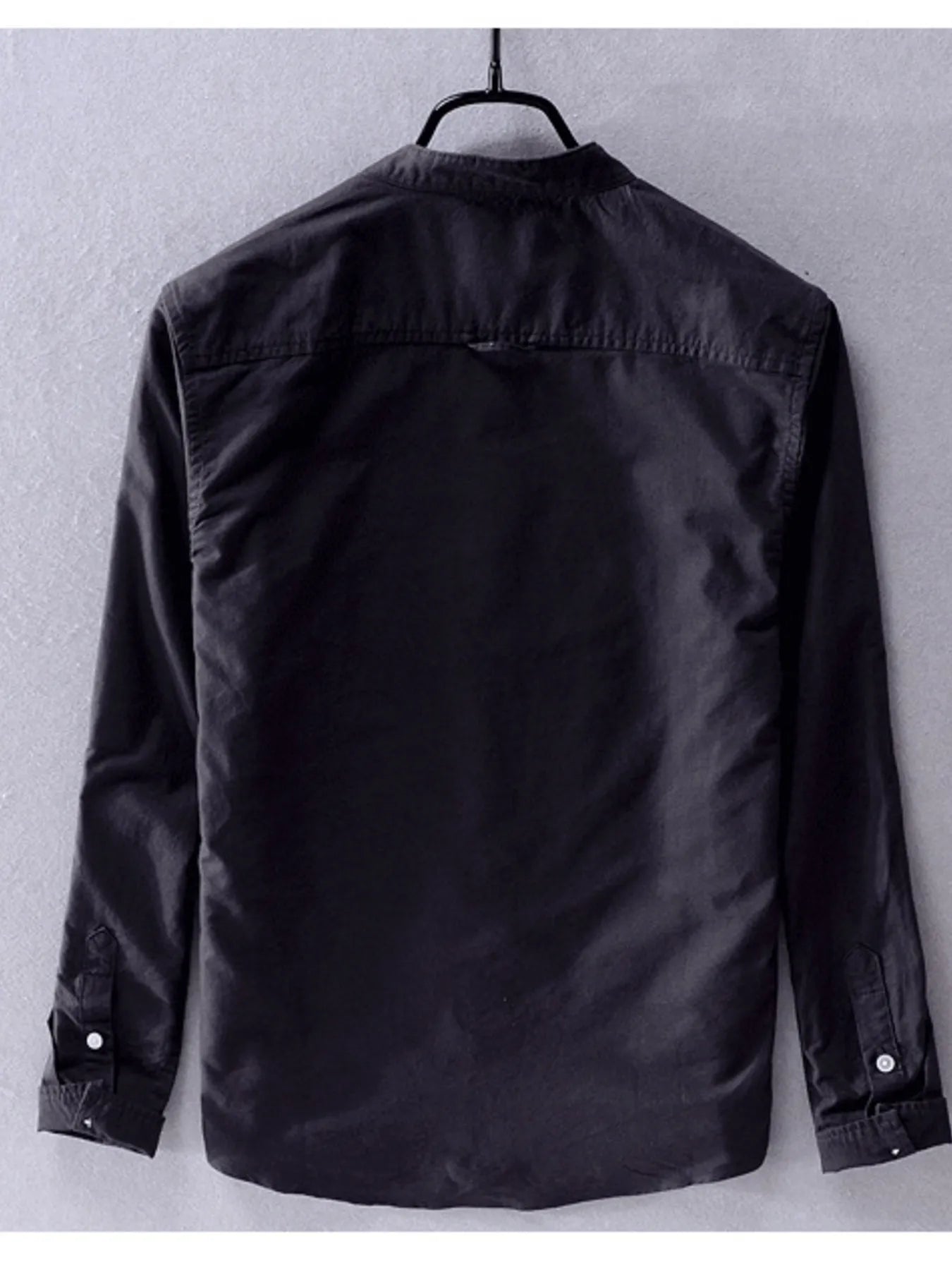 Long-sleeve button-up shirt in dark black, back view with stand collar and buttons
