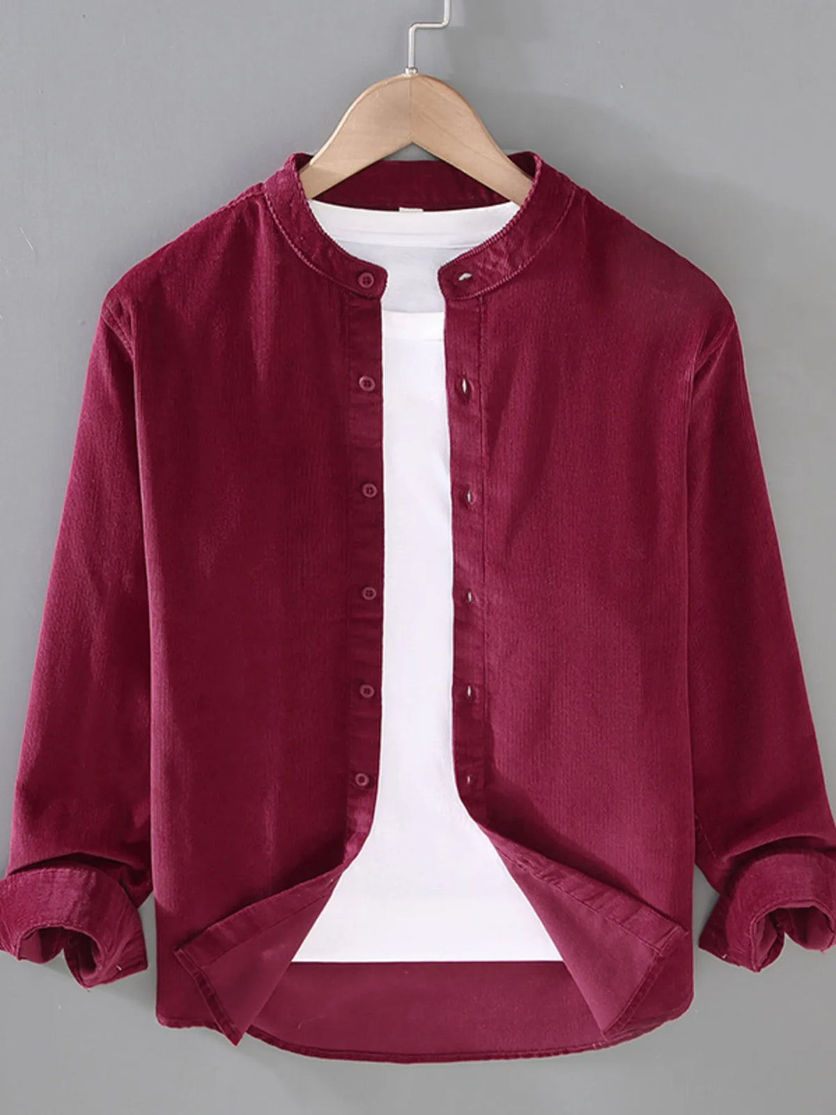 Men's long-sleeve button-up cotton shirt with stand collar, wine red front button placket