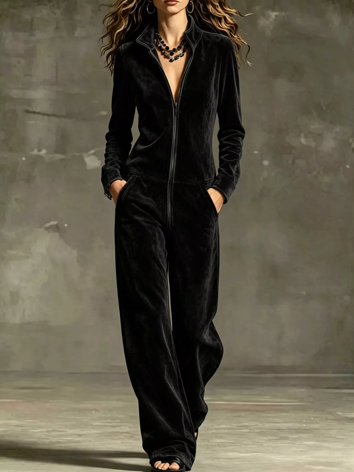 Black velour zip-up jumpsuit with pockets, long sleeves, and wide-leg pants
